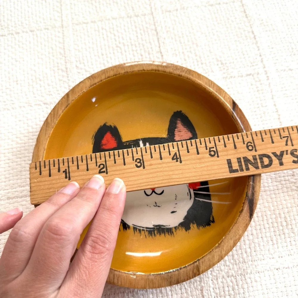 Cat Face Mango Wood Trinket‎ Bowl Dish Catchall Dish Danica Studio Yellow